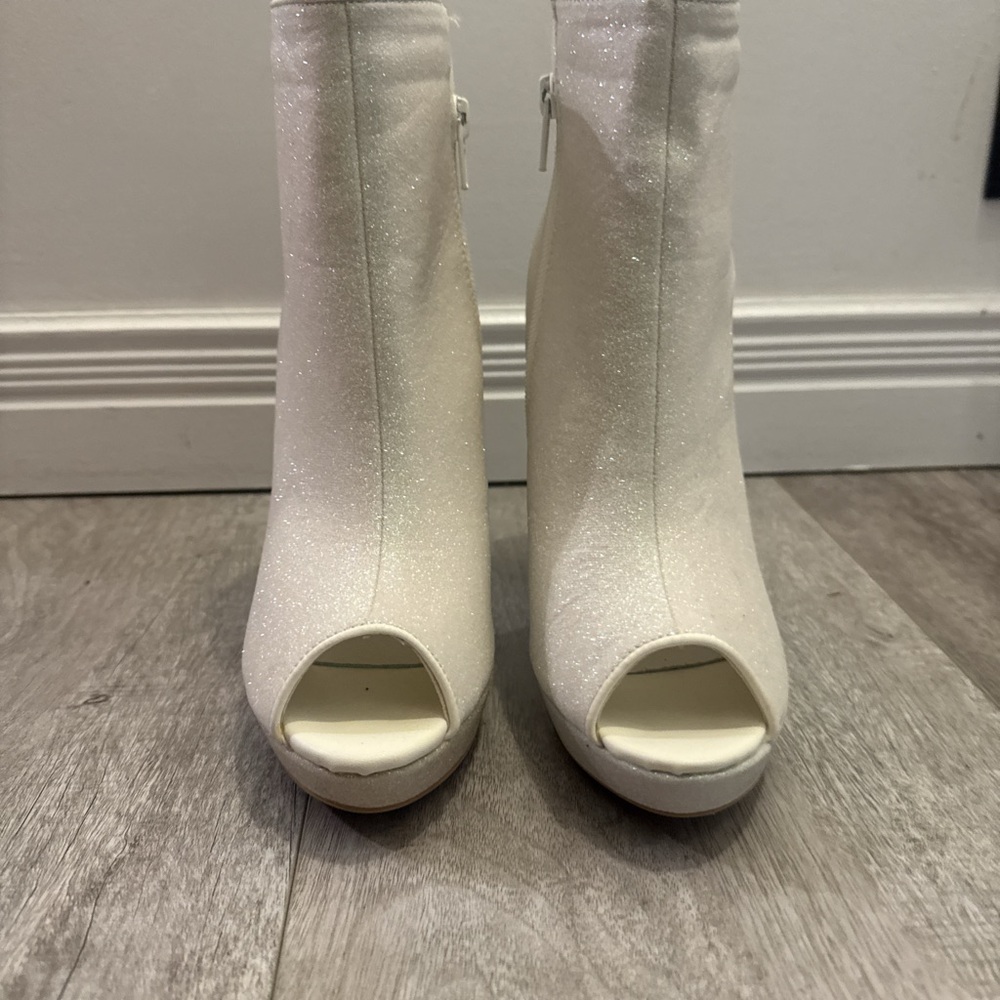 Alegria White Glitter Peep-Toe Ankle Boots